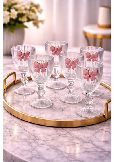 6 Lı Cam Pembe Fiyonk Kurdele Kahve Yanı Su Bardağı Bardak 75ml Şeffaf