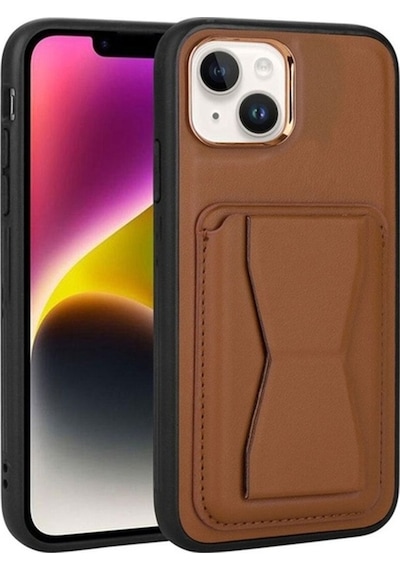 Apple Uyumlu iPhone 14 Plus Kılıf Kartlıklı Standlı Pu Deri Zore Memo Kapak Kahverengi