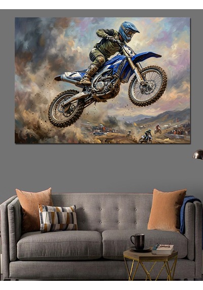 Havada Süzülen Modern Motosiklet Sürücüsü Dekoratif Kanvas - Mdf Ahşap Tablo