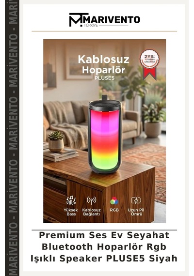 Premium Ses Ev Seyahat Bluetooth Hoparlör Rgb Işıklı Speaker Pluse5 Siyah