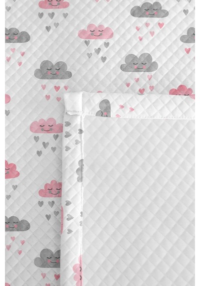 Evimde Bambaşka Pembe Bulut Kız Çocuk Pike Takımı - Sevimli Gri Kalp Bebek Odası Mevsimlik Yatak Örtüsü - 160x220  CM