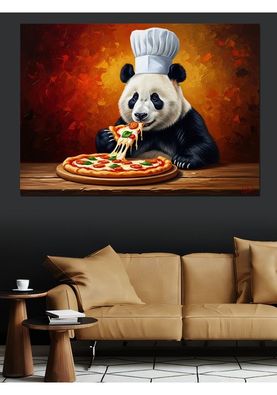 Pizza Yiyen Şef Önlüklü Panda Dekoratif Kanvas - Mdf Ahşap Tablo