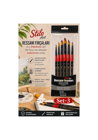 Profesyonel Resim Fırça Seti 6 Lı Yuvarlak 1 Paket Stilo Set 3 Sentetik Kaliteli Ressam Fırça Seti Akrilik Guaj Yağlı