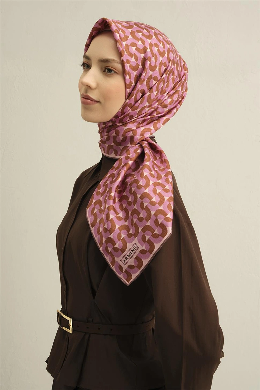 Armine Klasik Desenli Saf İpek Twill Eşarp 9321d 31 Pembe