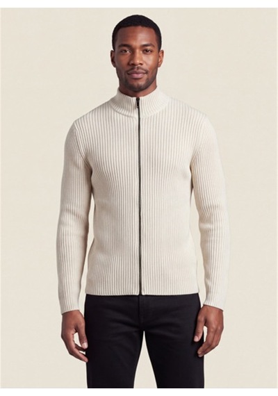 Dkny Dkfw26086-101 Ribbed Full Sweater Kırık Beyaz Erkek Bisiklet Yaka Fitilli Desenli Triko Kazak