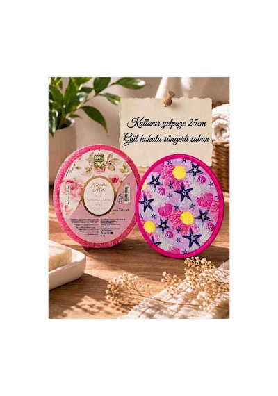 Deniz Yıldızı Desenli Katlanabilir Çantalı Yelpaze 25cm Ve Doğal Gül Özlü Süngerli Sabun, 135gr 2li Set Diğer