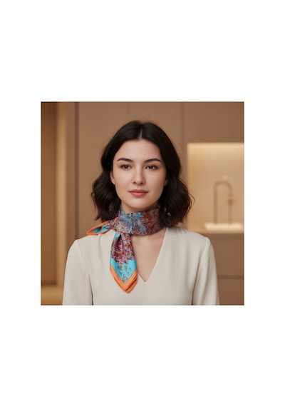 Deserto Fashion Saf İpek Twill Eşarp - Özel Tasarım Tok Duruşlu 90x90-1693 Çok Renkli