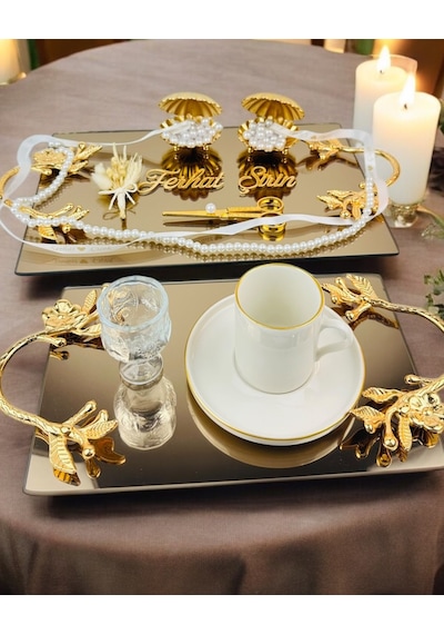 Amour Gold Lüks Swarovski Söz Nişan Tepsisi Beyaz Beyaz