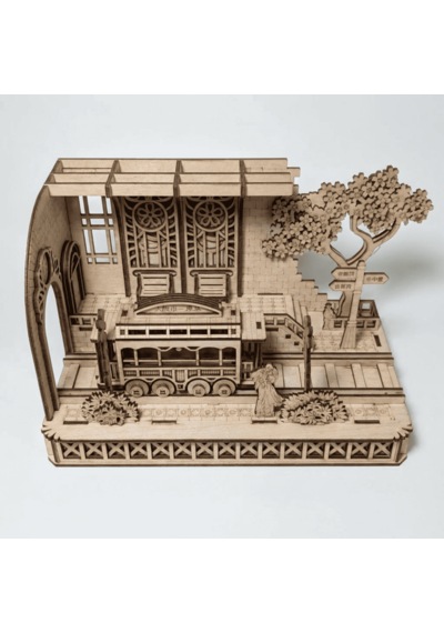 Japanese Tram Station Diorama Ahşap Maket Seti Japon Tramvay İstasyonu Peri Led'li Dıy Model