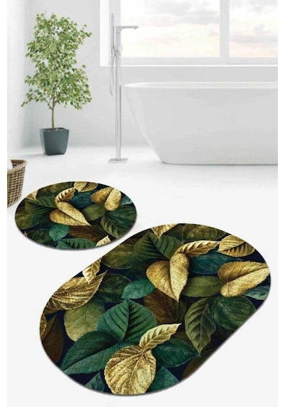 Yeşil Yaprak Temalı Oval Banyo Klozet Paspas Seti Bs058n11