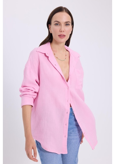 Tudors Kadın Oversize Geniş Kesim %100 Pamuk Müslin Kumaş Uzun Kollu Cepli Dokulu Lila Gömlek-37930 Lila
