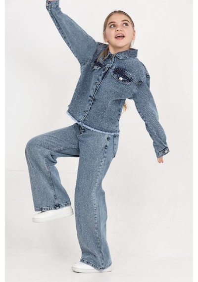 Modanino Kız Çocuk Jean Takım-taş Süslemeli Ceket+pantolon 12452 İndigo