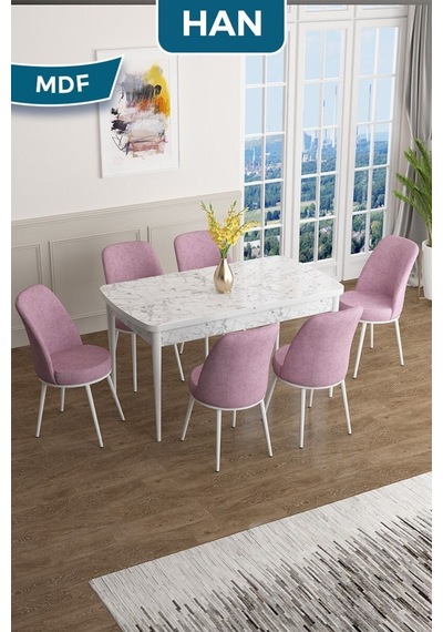 Canisa Han Serisi, 70x114 Açılabilir Mdf Masa Takımı, Beyaz Mermer Desen Masa Ve 6 Pembe Sandalye Masa Beyaz Mermer Desen Sandalye Pembe Canisa Han Serisi, 70x114 Açılabilir Mdf Masa Takımı, Beyaz Mermer Desen Masa Ve 6 Pembe Sandalye Masa Beyaz Mermer Desen Sandalye Pembe