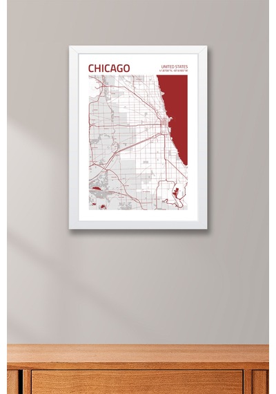 Chicago Abd Şehir Haritası Çerçeveli Tablo Lüks Salon Ofis Duvar Dekorasyonu Hediyelik Tablo Beyaz