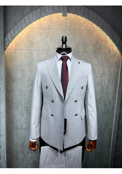 Dupont Classics Dupont Erkek Slim Fit 6 Drop Çizgili Kruvaze Viskon Çift Yırtmaç Takım Elbise Açık Gri