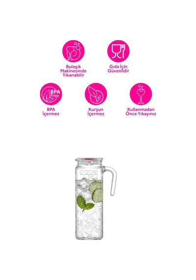 Lav Line Cam Sürahi Tekli 1,2 L Kulplu Pembe Plastik Kapaklı