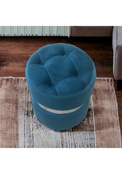 Yaren Home Dizayn Puf Lüks Silinebilir Kumaş Kapitoneli Gümüş Detaylı Turkuaz Mavi
