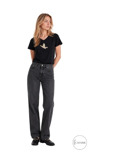 Cassime Siyah Siyah V Yaka Kuş Taş Baskı Detaylı Basic T-shirt Altın