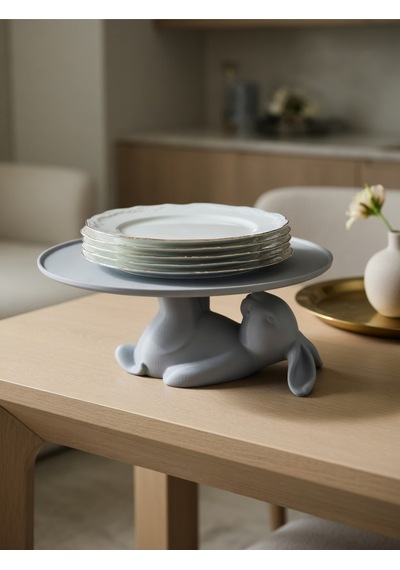 Dekoratif Tavşan Figürlü Tatlı Tabağı Standı Pasta Standı Mutfak Servis Standı 15x15 Şık Hediye Gri