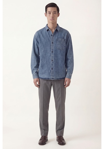 Sabri Özel Erkek Mavi Normal Kesim Regular Fit Pamuk Torba Cep Uzun Kollu Denim Ceket Gömlek