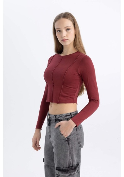 DeFacto Coool Fitted Bisiklet Yaka Basic Düz Crop Uzun Kollu Tişört C4469AX24SPBR182 DeFacto Coool Fitted Bisiklet Yaka Basic Düz Crop Uzun Kollu Tişört C4469AX24SPBR182