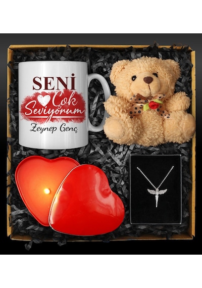 Sevgililer Gününe Kişiye Özel Tasarım Kupa & Zirkon Taşlı Melek Kolye & Kalp Mum & Peluş Ayıcık Seti