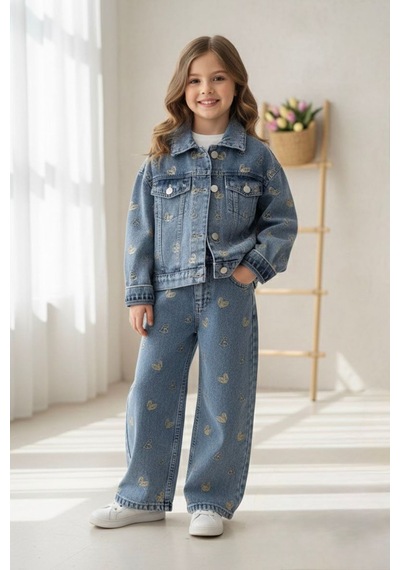 Miniğimin Cicileri Kalp İşleme Detaylı Cepli Kız Çocuk Ceketli 2 Li Takım - Mavi
