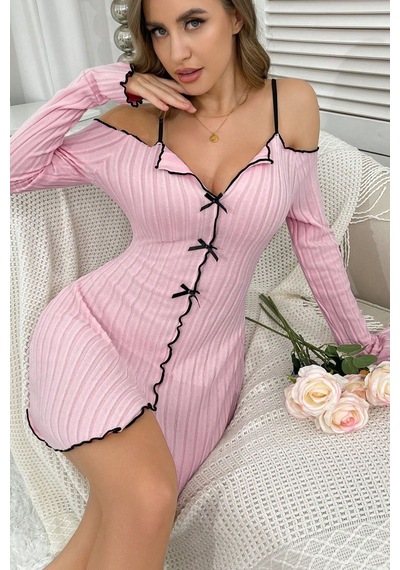 Bella Notte Toz Pembe Düşük Omuzlu V Yaka Uzun Kollu Gecelik