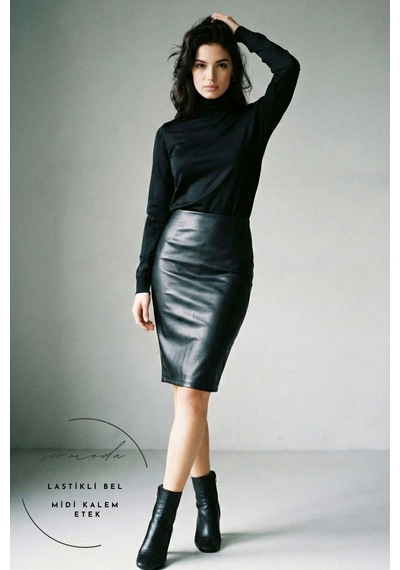 Sermoda Kalem Deri Etek - Bel Lastikli Slim Fit Midi Kalem Etek Ud Siyah