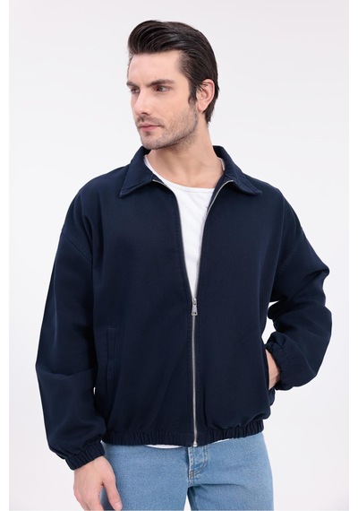 Erkek Gabardin Kumaş Fermuarlı Oversize Mevsimlik Ceket-144 Lacivert