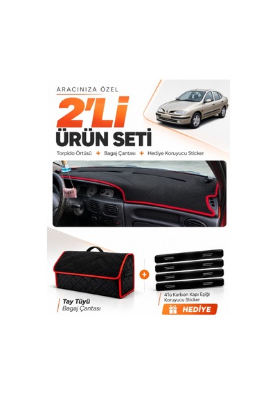 Renault Megane 1 1995-2003 Uyumlu Torpido Örtüsü + Tay Tüyü Çanta + Sticker - Siyah Kırmızı