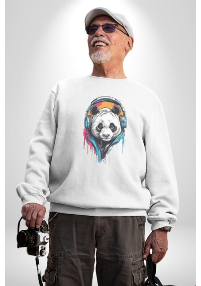 Kulaklık Ayı Panda Unisex Beyaz Baskılı Sweatshirt Beyaz