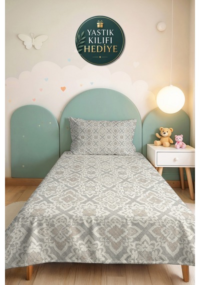 Gri Etnik Geometrik Tek Kişilik Pike Takımı - Bej Bohem Kapitone Mevsimlik Yatak Örtüsü 160x220 Cm Melez Halı Aurası