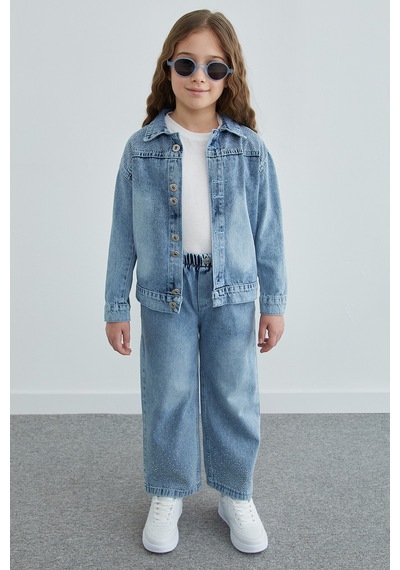 Fullamoda Taşlı Beli Lastikli Kız Çocuk Jean 3 Lü Takım Mavi