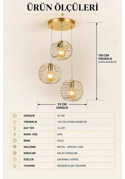 Modern Premium Gold Camlı 3 X E27 Duyulu Dekoratif Salon Mutfak Yemek Odası Avizesi 60w Beyaz