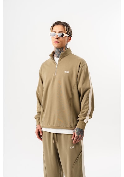 Respire Erkek Pis Dikiş Detaylı Yarım Fermuarlı Diagonel Sweatshirt Haki