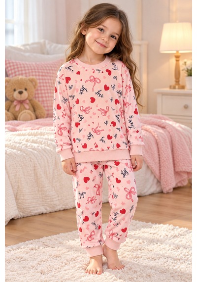 Üç Gül Ticaret Kız Çocuk 3-7 Yaş Kalpli Fiyonklu Pijama Takımı İçi Pamuklu Şardonlu Pembe