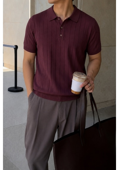 Tarz Cool Erkek Çizgili Triko Polo Yaka Tişört Slim Fit Premium Pamuklu Yazlık Polo Bordo