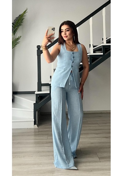 Bebe Mavi Kare Yaka Bağlama Detaylı Yelek - Pantolon Takım Bebe Mavi