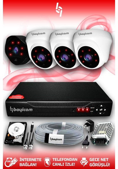 Bayicam 4 Kameralı Uzay 3 İç Kamera Set 250 GB HDD Full HD Gece Görüşlü Güvenlik Kamerası Sistemi