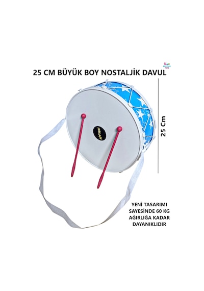 Büyük Boy 25 Cm. Oyuncak Çocuk Davul 23 Nisan Gösteri Davulu Mavi Renk