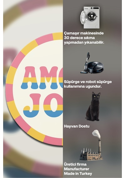 "aura" Serisi - Amour Joie Yazılı Retro Yuvarlak Krem Pembe Sarı Pastel Dokuma Taban Dekoratif Halı Aura27 Çok Renkli