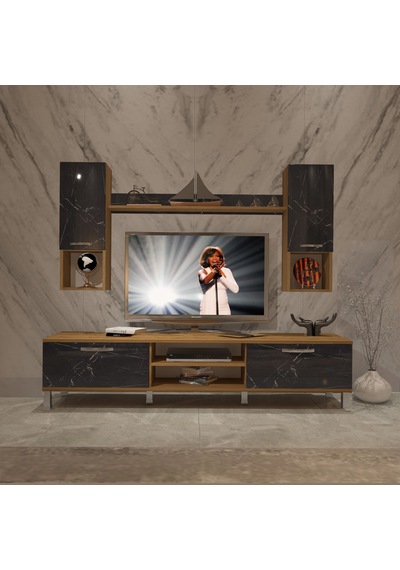 Decoraktiv Eko 5da Mdf Dvd Krom Ayaklı Tv Ünitesi Tv Sehpası Pera - Siyah Mermer