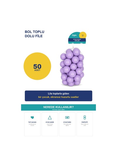 Lila Havuz Topu 50 Adet Yumuşak Oyun Havuzu Topları, Filede 1+ Yaş