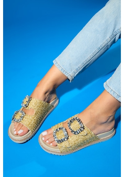 Luvishoes Dungeon Bej Hasır Çift Bantlı Taş Tokalı Kadın Terlik Bej