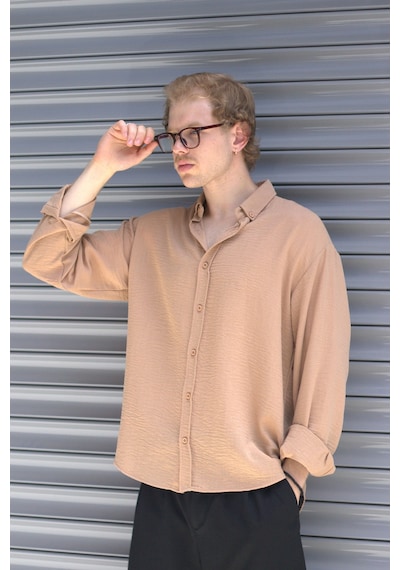 Erkek Oversize Kesim Keten Görünümlü Gömlek Taba