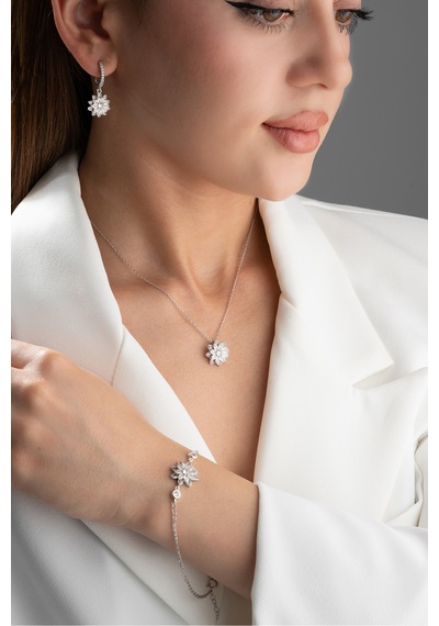 Çekirdekjewelry 925 Ayar Gümüş Lotus Çiçek Takı Seti Taşlı Kolye, Küpe Ve Bileklik Gri