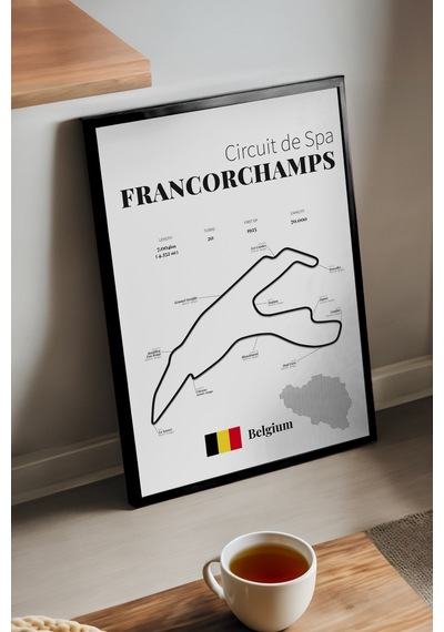 Francorchamps Formula 1 Siyah Ahşap Çerçeveli Poster, Dekoratif Harita Duvar Tablosu