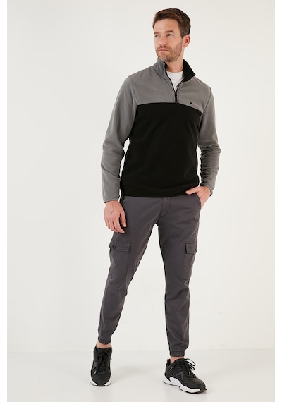 Buratti Regular Fit Anti-Pilling Tüylenme Yapmayan Dik Yaka Kışlık Şardonlu Erkek Polar 5906016 Gri-Siyah