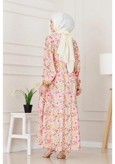 Sevitli Çiçekli Kumsal Elbise-pembe-5245 Pembe